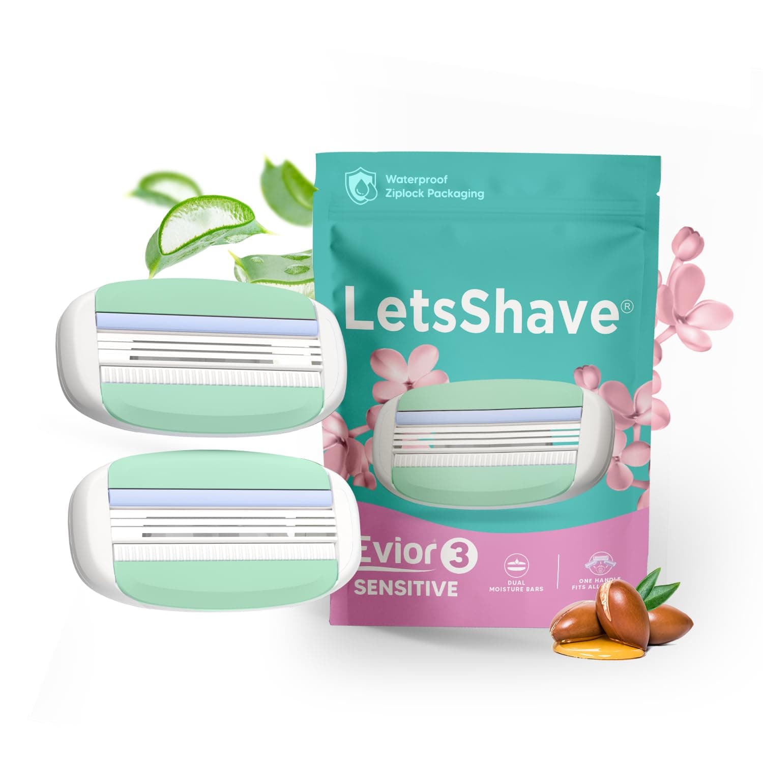 LetsShave Evior 3 Sensitive Razor Blade Refills for Women, Pack of 2, Aloe Vera Moisture Bar