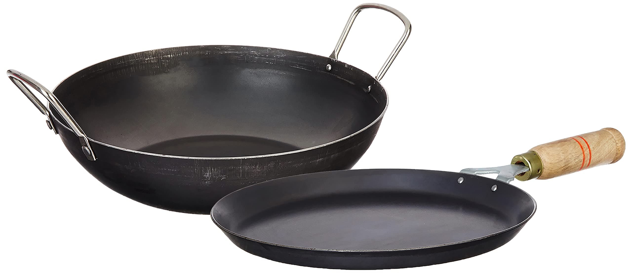 Amazon Brand Solimo Sheet Metal Iron Cookware Set, 23cm Tawa + 24cm Kadai