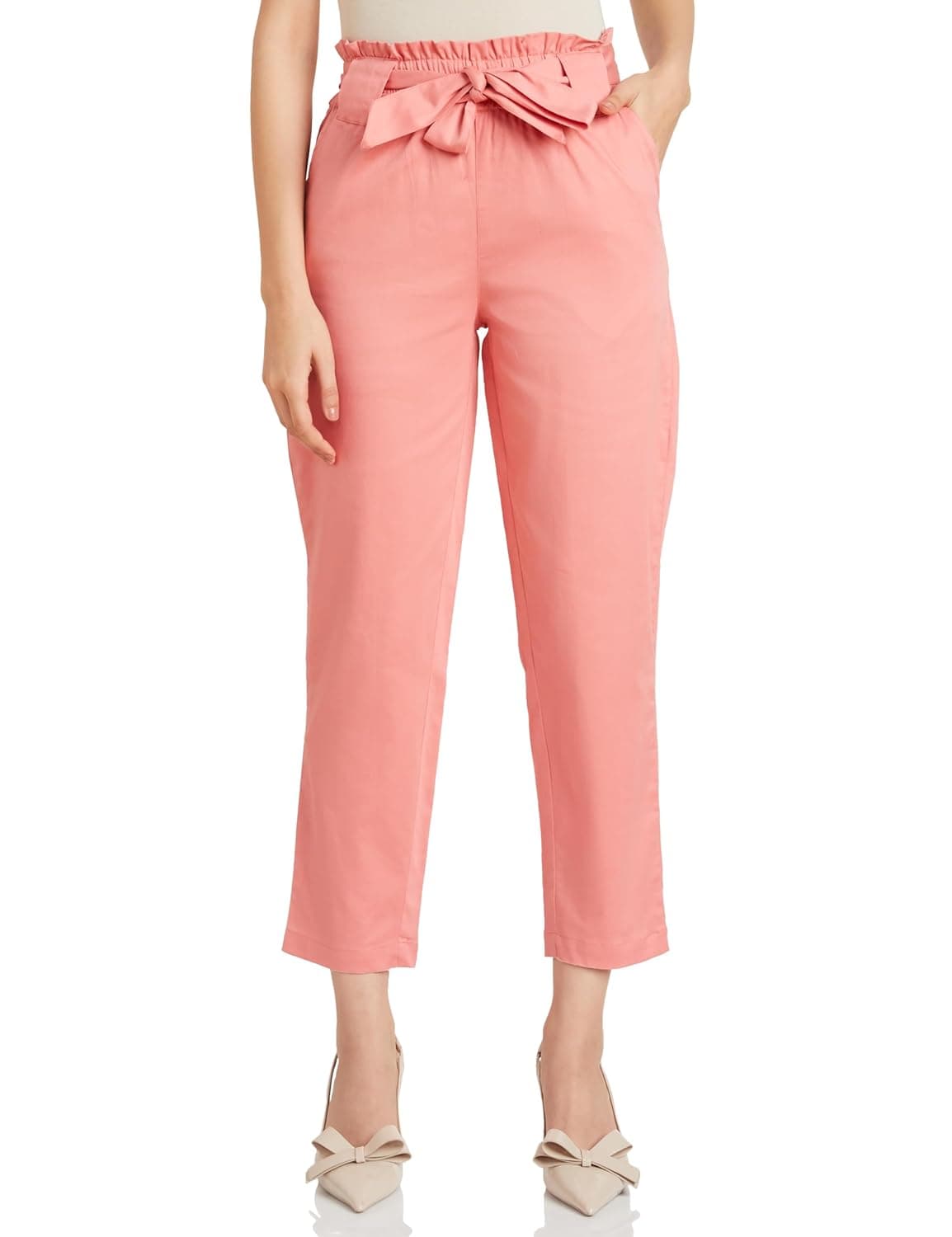 Amazon Brand - Symbol Women's Tapered Paper Bag Trousers (High Rise Ankle Length | with Self Fabric Belt) (Available in Plus Sizes) at ₹236 (89% Off) – Amazon