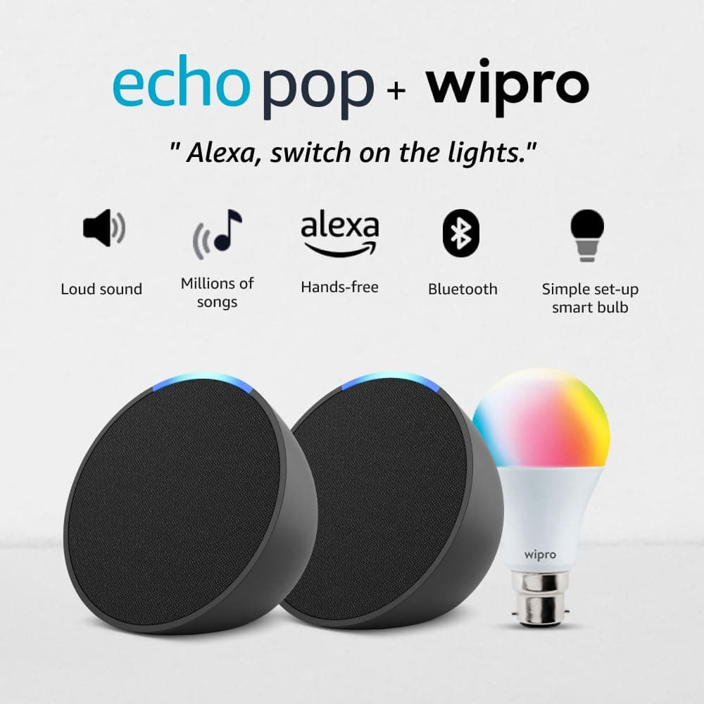 Amazon Echo Pop (Black) gift twin pack with Wipro 9W Simple Setup LED Smart Color Bulb and Alexa | with Smart Home controls at ₹3577 – Amazon