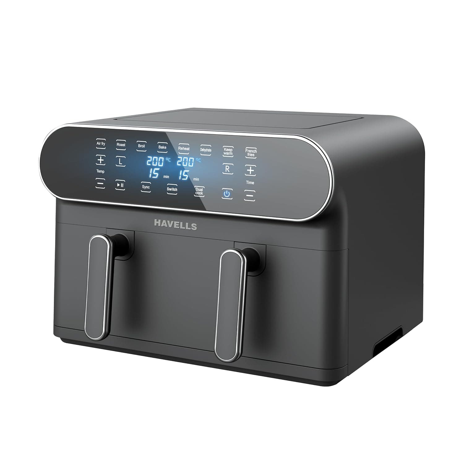 Havells Air Fryer Prolife Delicia 1700 W|Dual Basket Air Fryer|85% Less Oil|10.5L Pan|8 Auto Pre-set Menu|Auto Restart|Digital Touch Control|Dehydrator Mode|2Yr Door Step Warranty by Havells (Black) at ₹9334 (37% Off) – Amazon