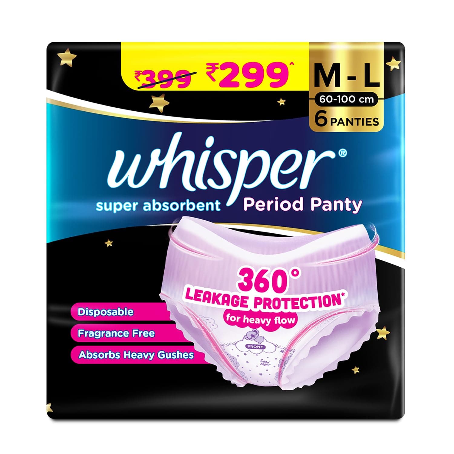 Whisper Bindazzz Nights Period Panty (Pack of 6) at Rs.150 (50% Off) - Amazon