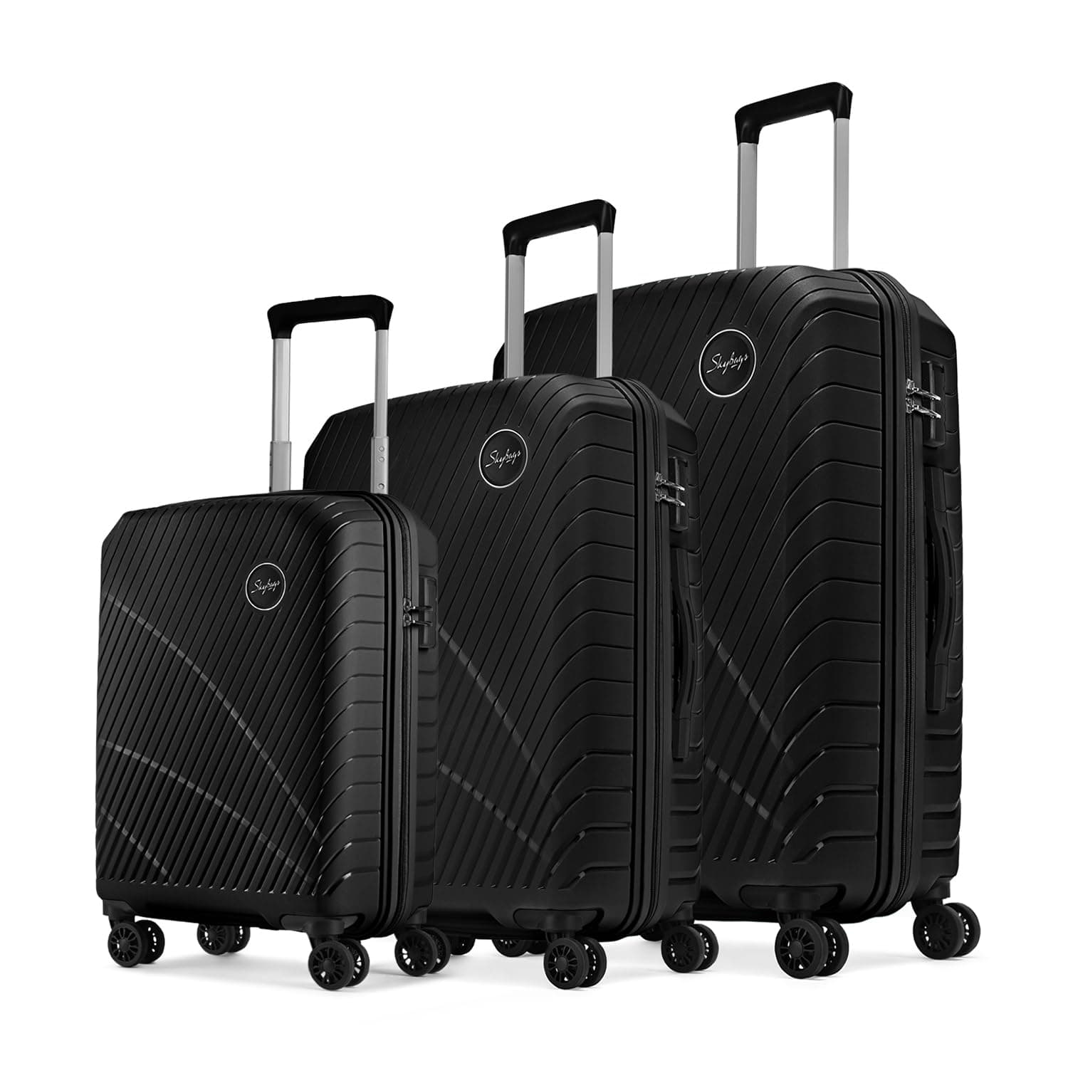 Skybags Streax |Set of 3(Cabin+Medium+Large)Trolley Bag, 55+66+76 Cm Hardside Luggage|8 Wheels, Combination Lock |Polypropylene|Suitcase for Travel |5 Year International Warranty |Black|Spinner Wheel at ₹5359 (76% Off) – Amazon