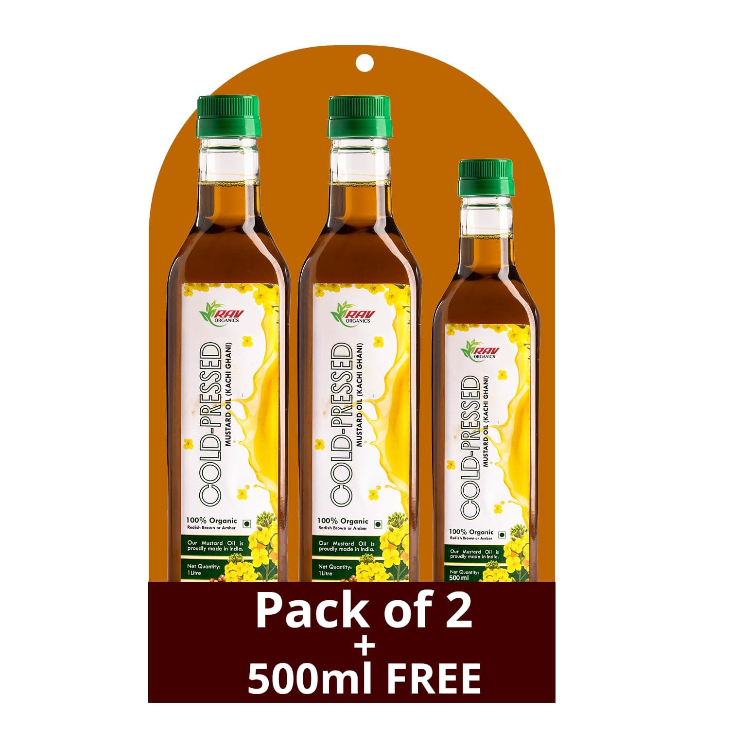 Rav Organics Certified Organic Cold Pressed Mustard Oil, 1L x 2 + 500ml Free, 2.5L Total