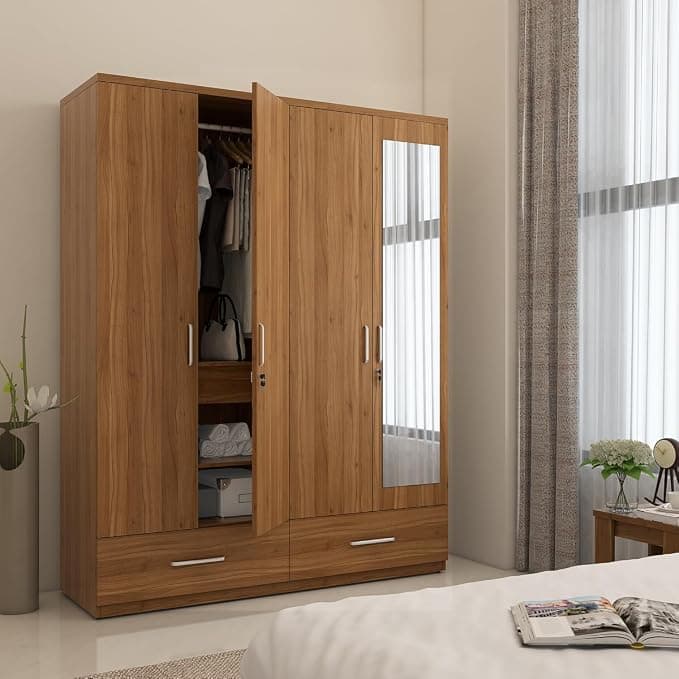 Spacewood Linden 4-Door Wardrobe with Mirror (Natural Teak) at ₹35,399 (54% Off) – Amazon
