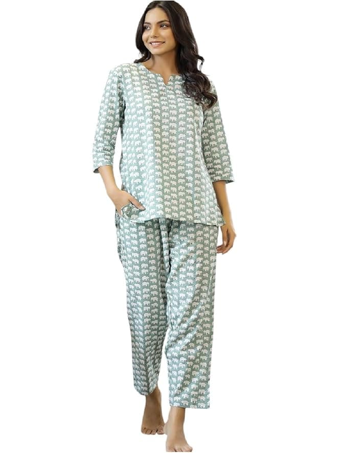 Women Printed Night Suit Set (Top + Pajama) at ₹599 (76% Off) – Amazon