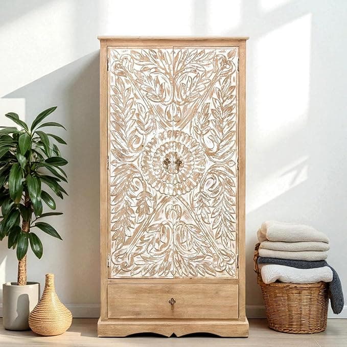 The Attic Jodhpur Carving Solid Wood Wardrobe at ₹27,280 (41% Off) – Amazon