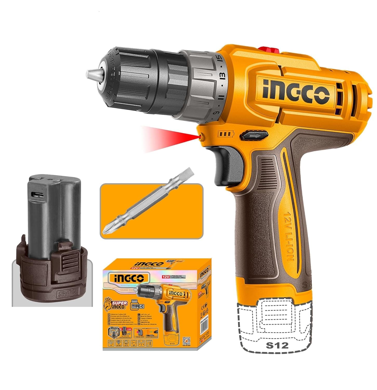 INGCO Cordless Drill Machine for home use, with 1 pcs Battery and Drill Bits, Battery drill machine Type C chargeing at ₹1999 (80% Off) – Amazon