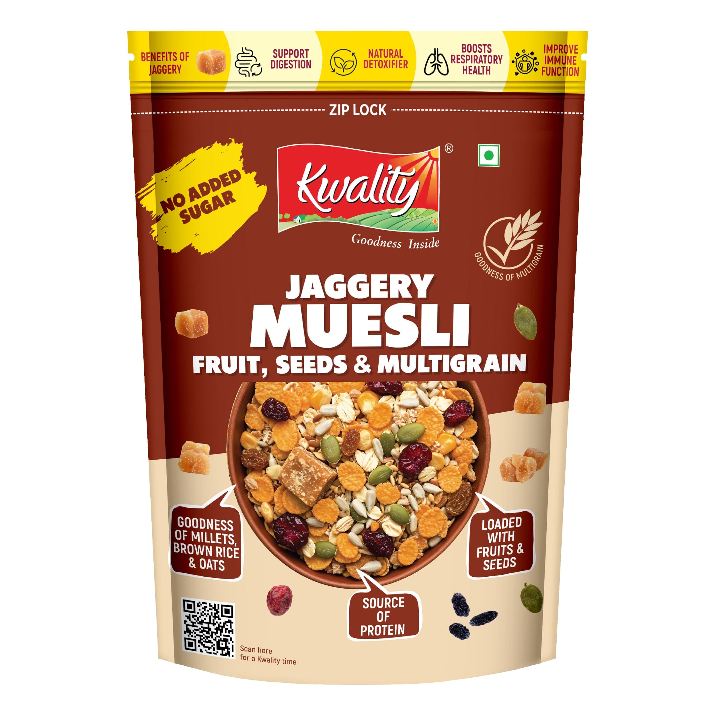 Kwality Muesli Jaggery, Fruits, Seeds and Crunch, 400g, 66% Multi Grain with Millets and Oats