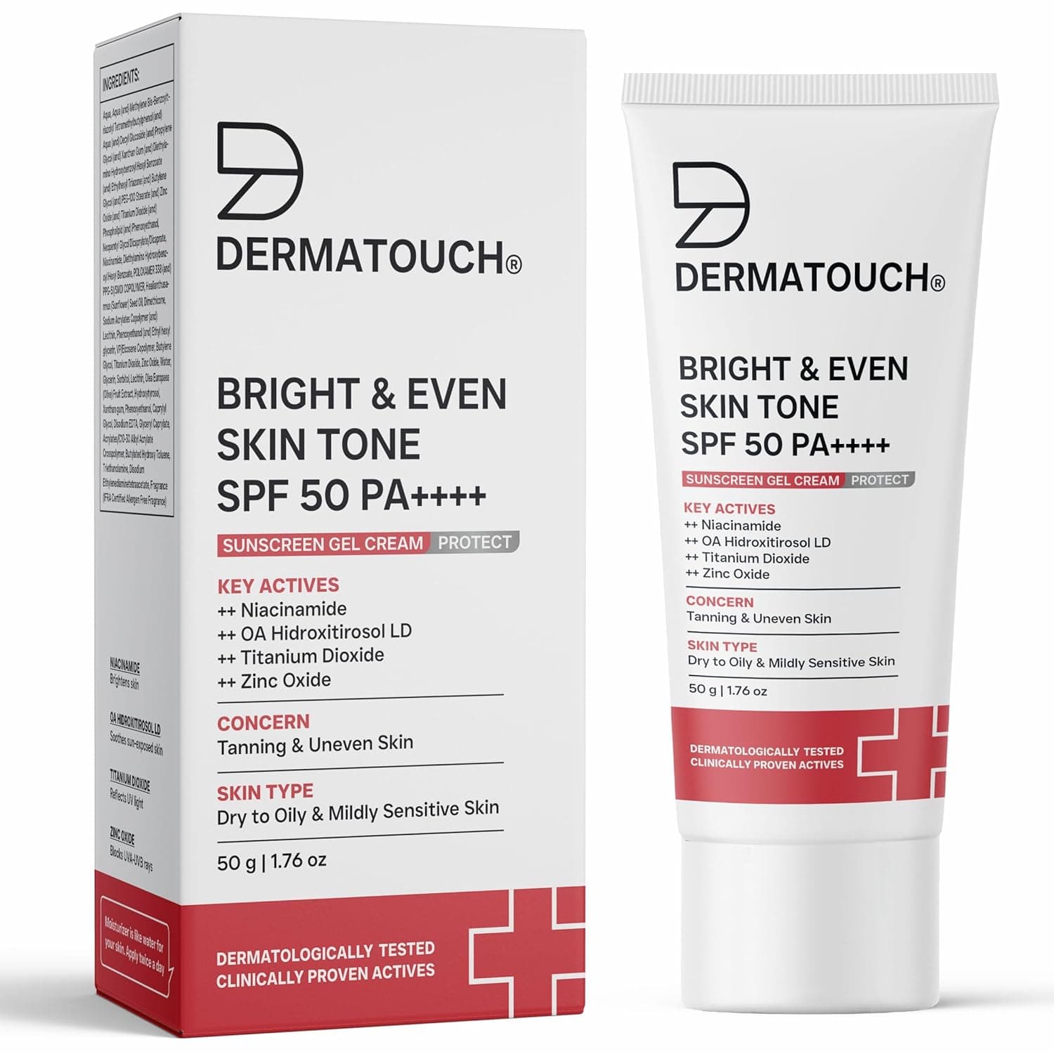 DERMATOUCH Bright & Even Skin Tone SPF 50 PA++++ Sunscreen Gel with Dermawhite™ WF, Nia... at ₹199 (43% Off) – Amazon