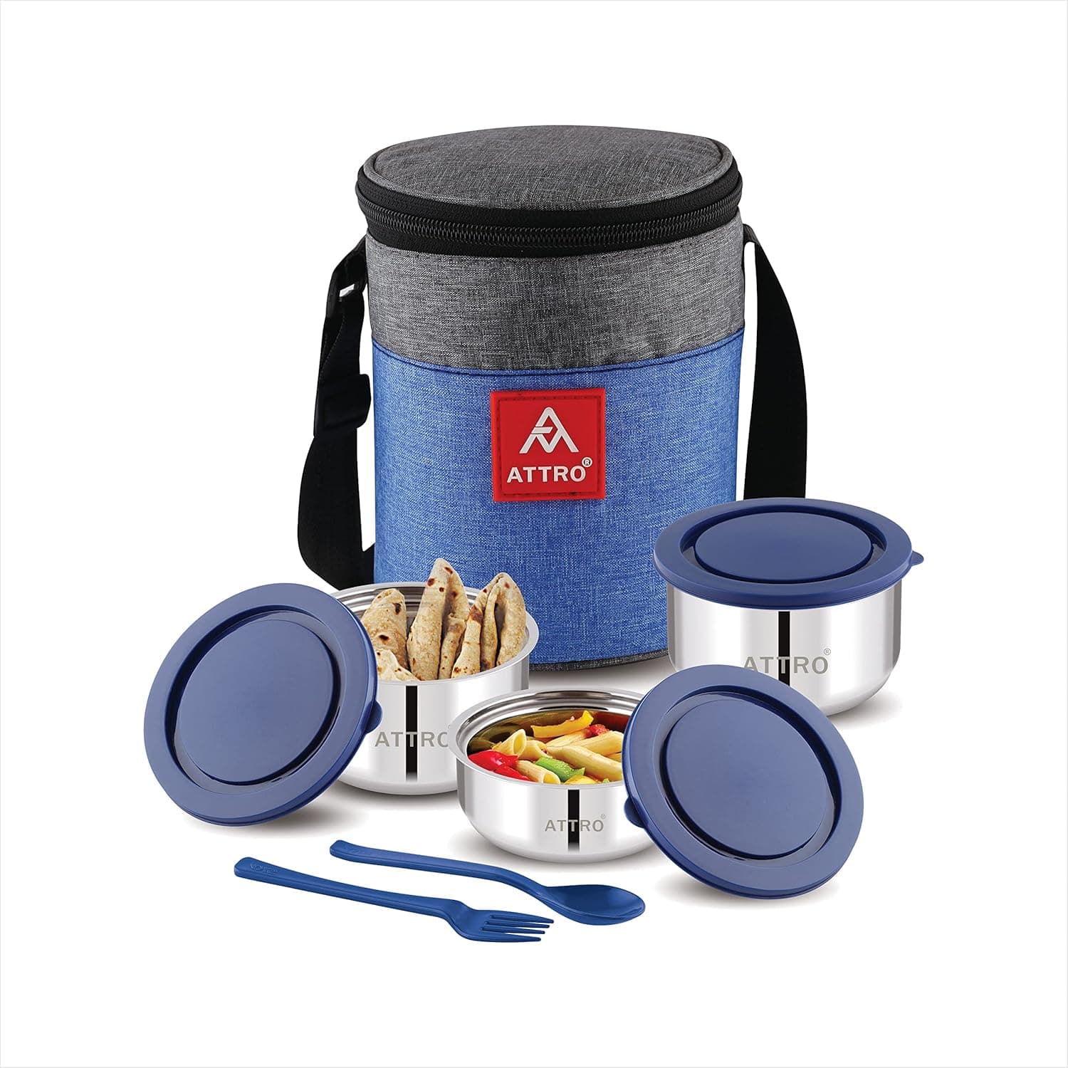 Attro Fresho Stainless Steel Double Wall Lunch Box, Airtight & Leak Proof - 3 Containers with Bag, Fork & Spoon for Office Use, School, Picnic 800 ml - Dark Blue Rs. 494 - Amazon at ₹494 (62% Off) – Amazon