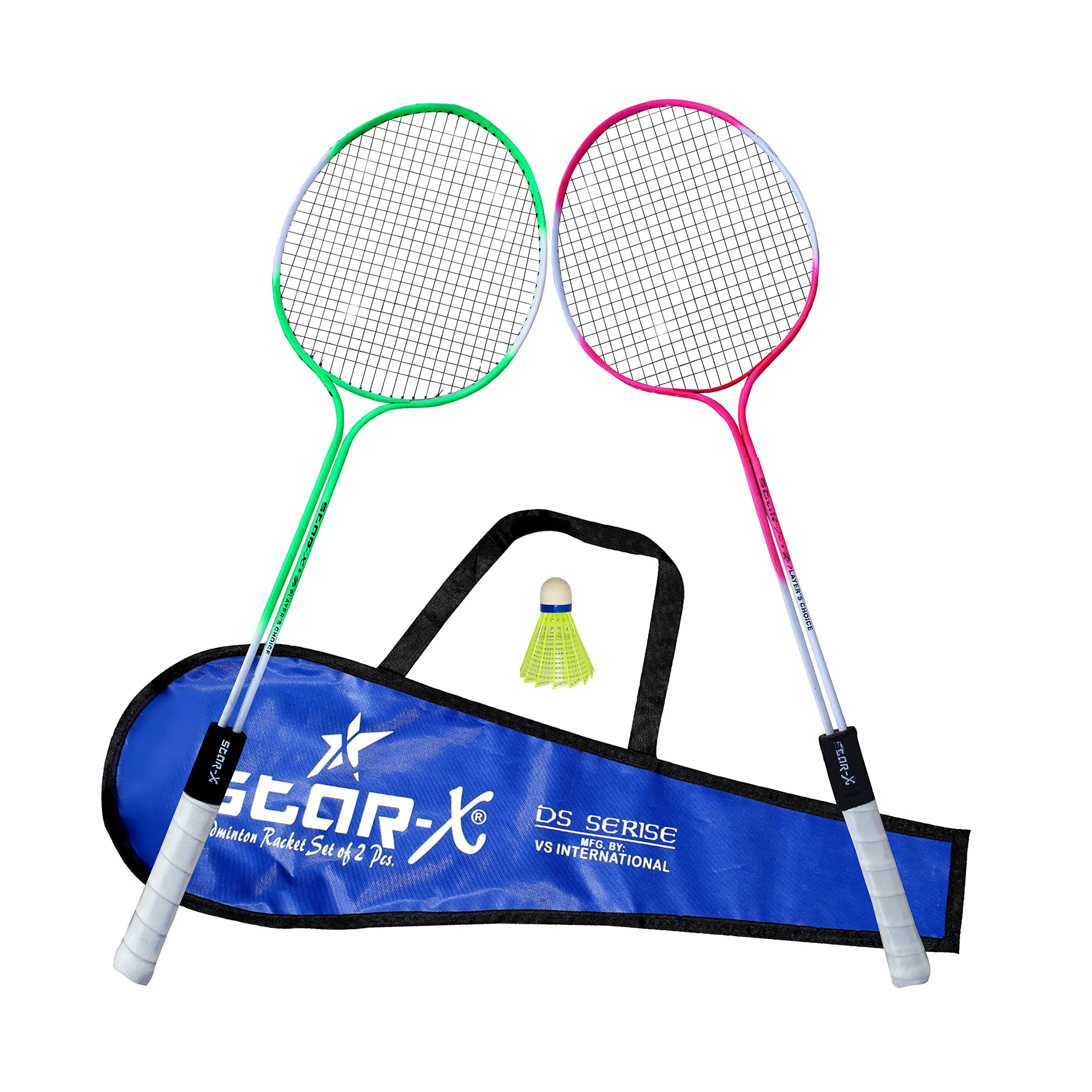 Starx Double Shaft Aluminium Badminton Racket Pair with Shuttlecock, Double Wiring, Multicolour