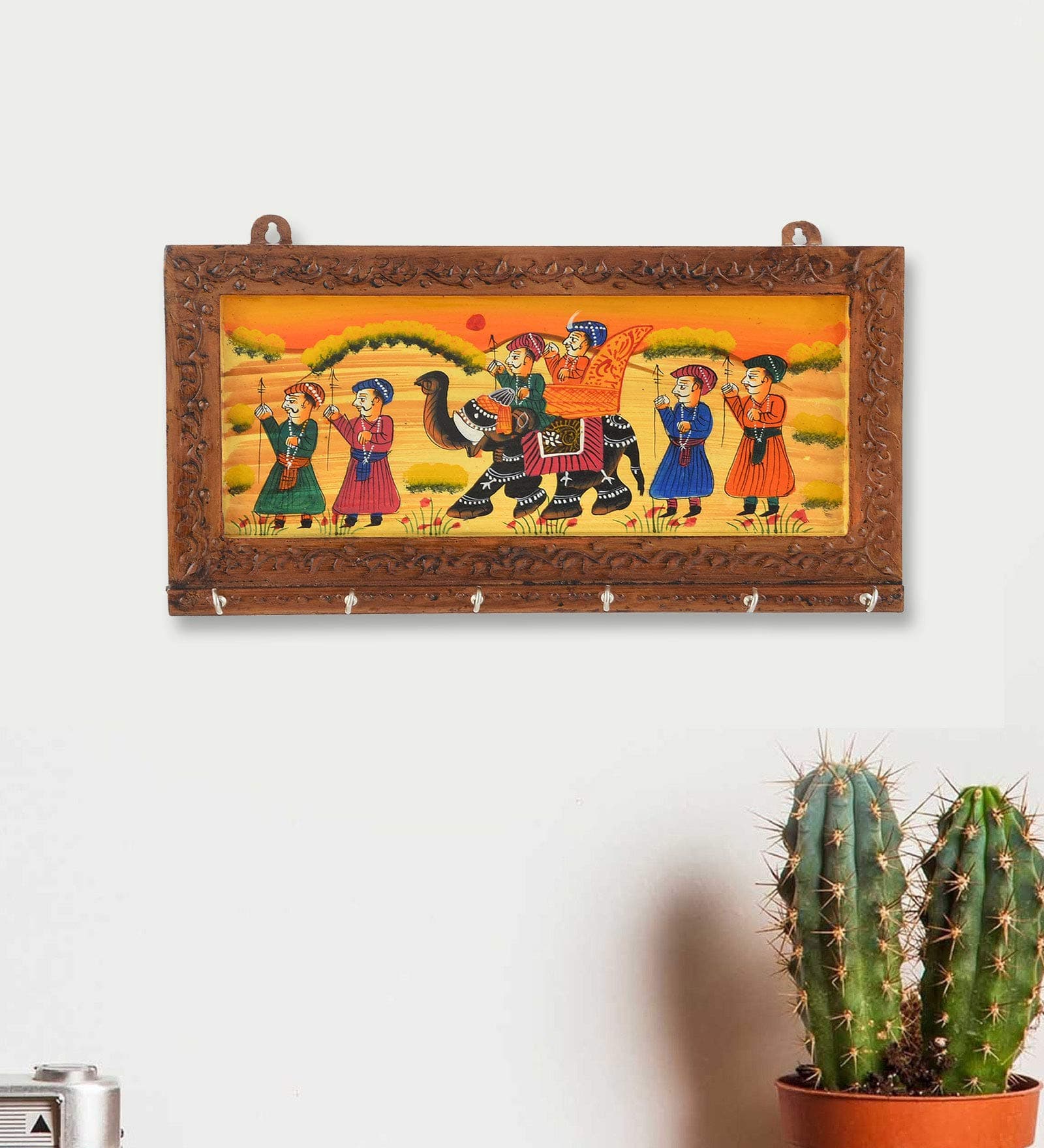 JaipurCrafts Wooden Rajasthani Art Work 6-Hook Key Holder, 12 × 6 in