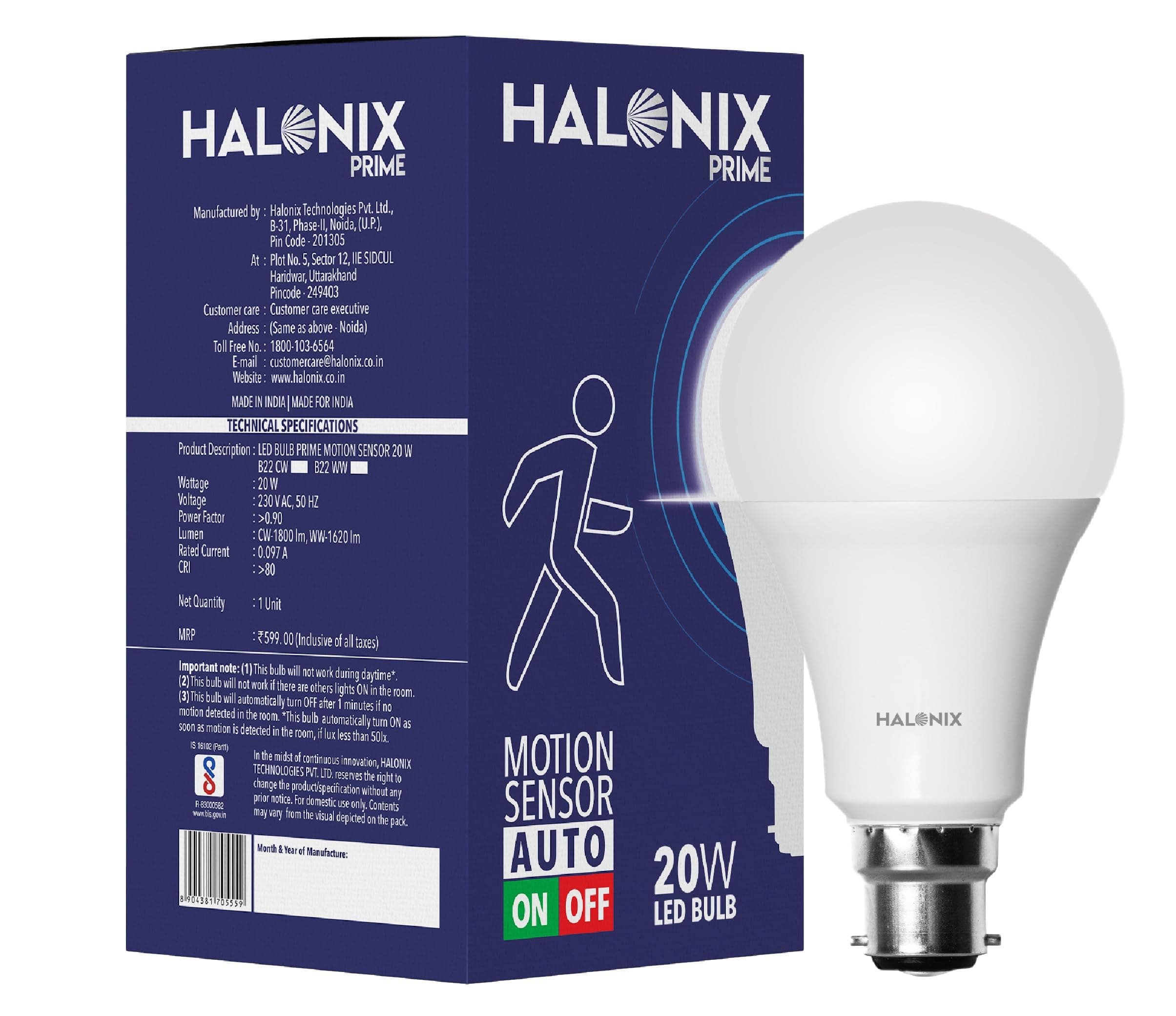 Halonix 20W Motion Sensor Led bulb | Color-6500K White | Auto on- Auto Off light | Motion sensor Led light | Pack of 1 | Base-B22 at ₹224 (63% Off) – Amazon