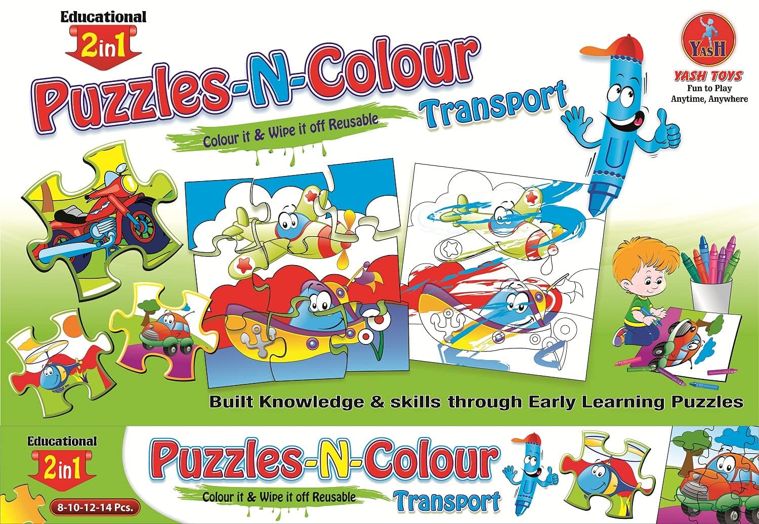 Negi Educational Transport Puzzle-N-Colour 2-in-1 Reusable Activity Toy for Kids