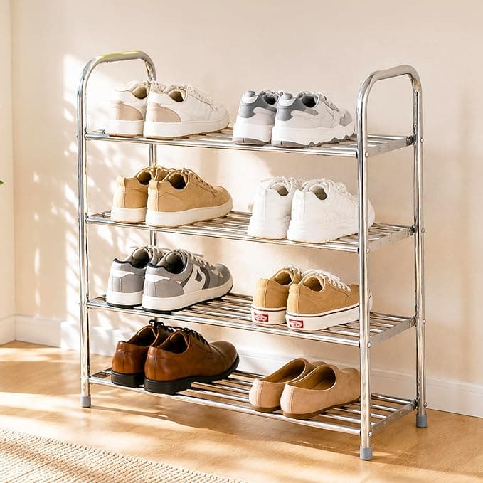 Lifelong 4-Tier Stainless Steel Shoe Rack (12 Pairs, Chrome) at ₹1,199 (60% Off) – Amazon