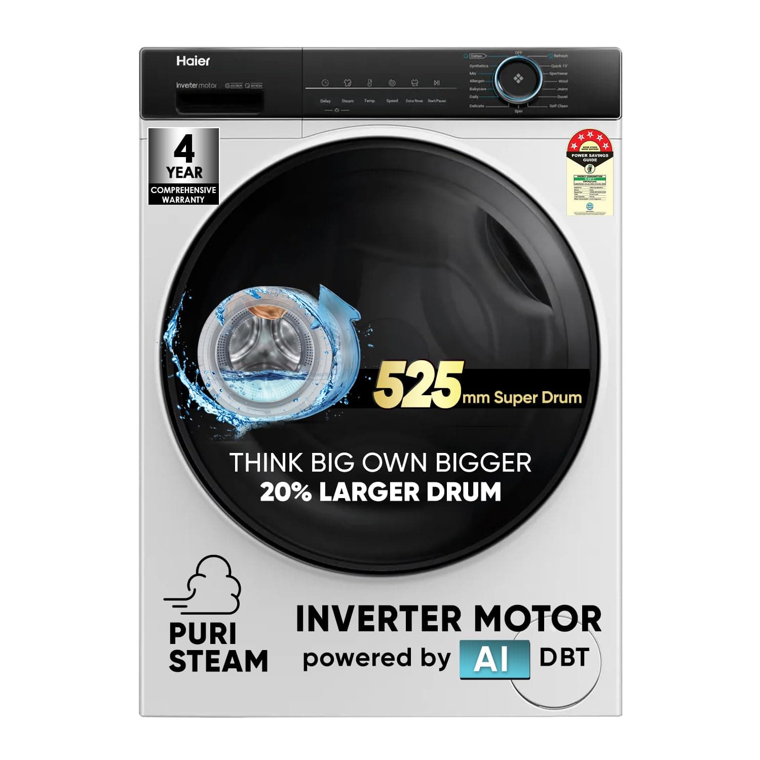 Haier 8 kg 5 Star Powered by AI-DBT with PuriSteam, 525mm Super Drum, Inverter Motor with In-Built Heater Fully Automatic Front Load Washer at ₹23440 – Amazon