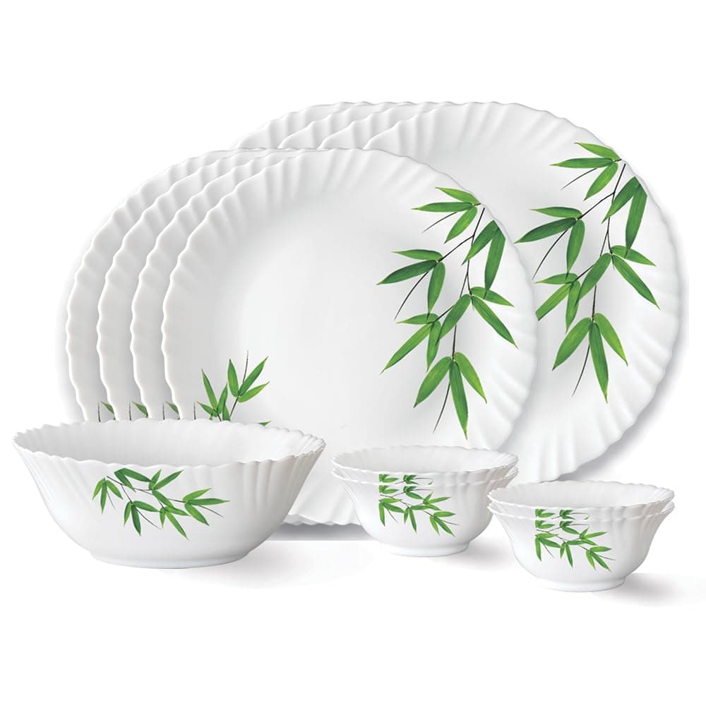Larah by Borosil Bamboo Leaves Fluted Series Opalware Dinner Set | 13 Pieces for Family of 4 | Microwave & Dishwasher Safe | Bone-Ash Free | Crockery Set for Dining & Gifting | Plates & Bowls | White Rs. 745 - Amazon at ₹745 (61% Off) – Amazon