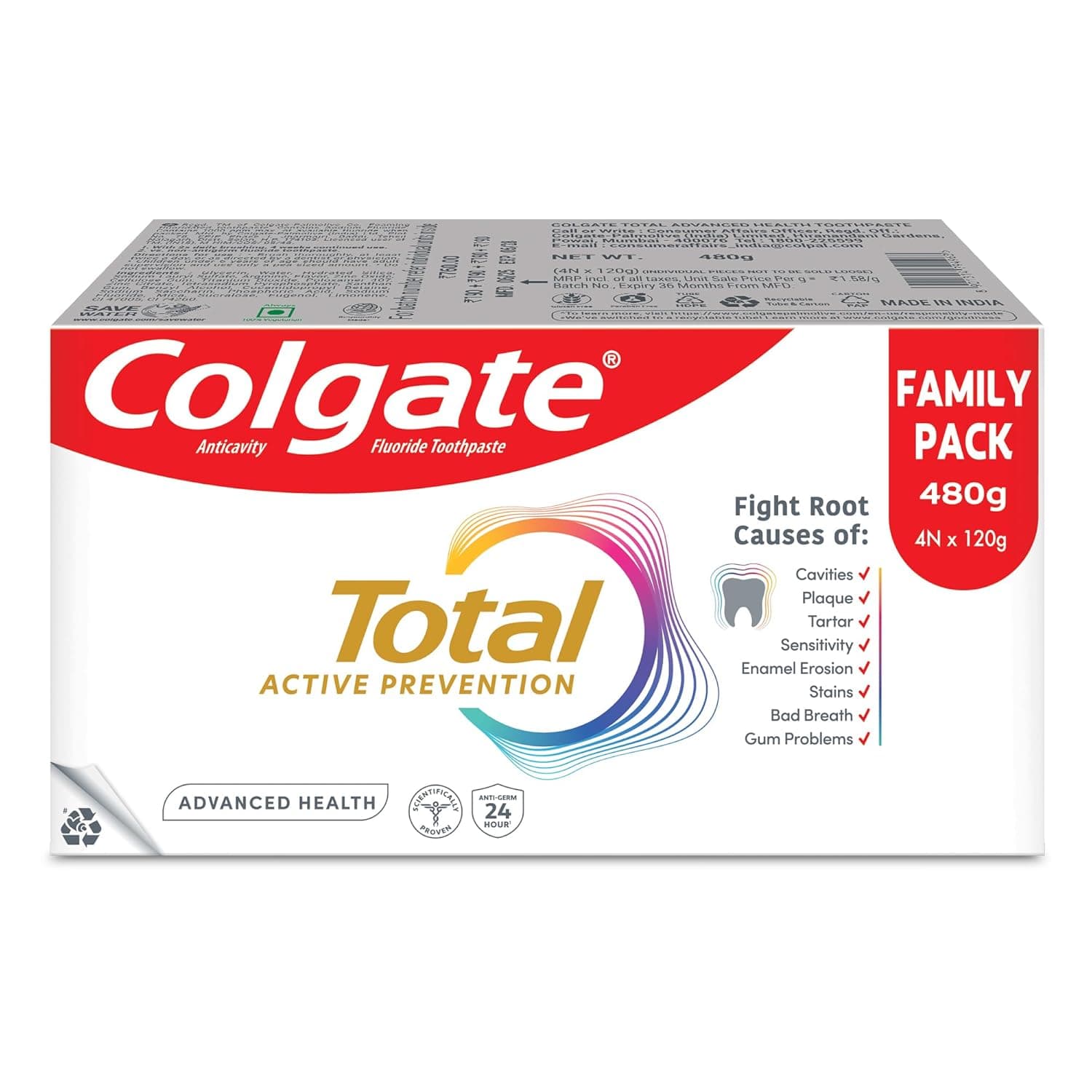 Colgate Total Advanced Health Anti-germ Toothpaste, 480g, To at ₹360 – Amazon