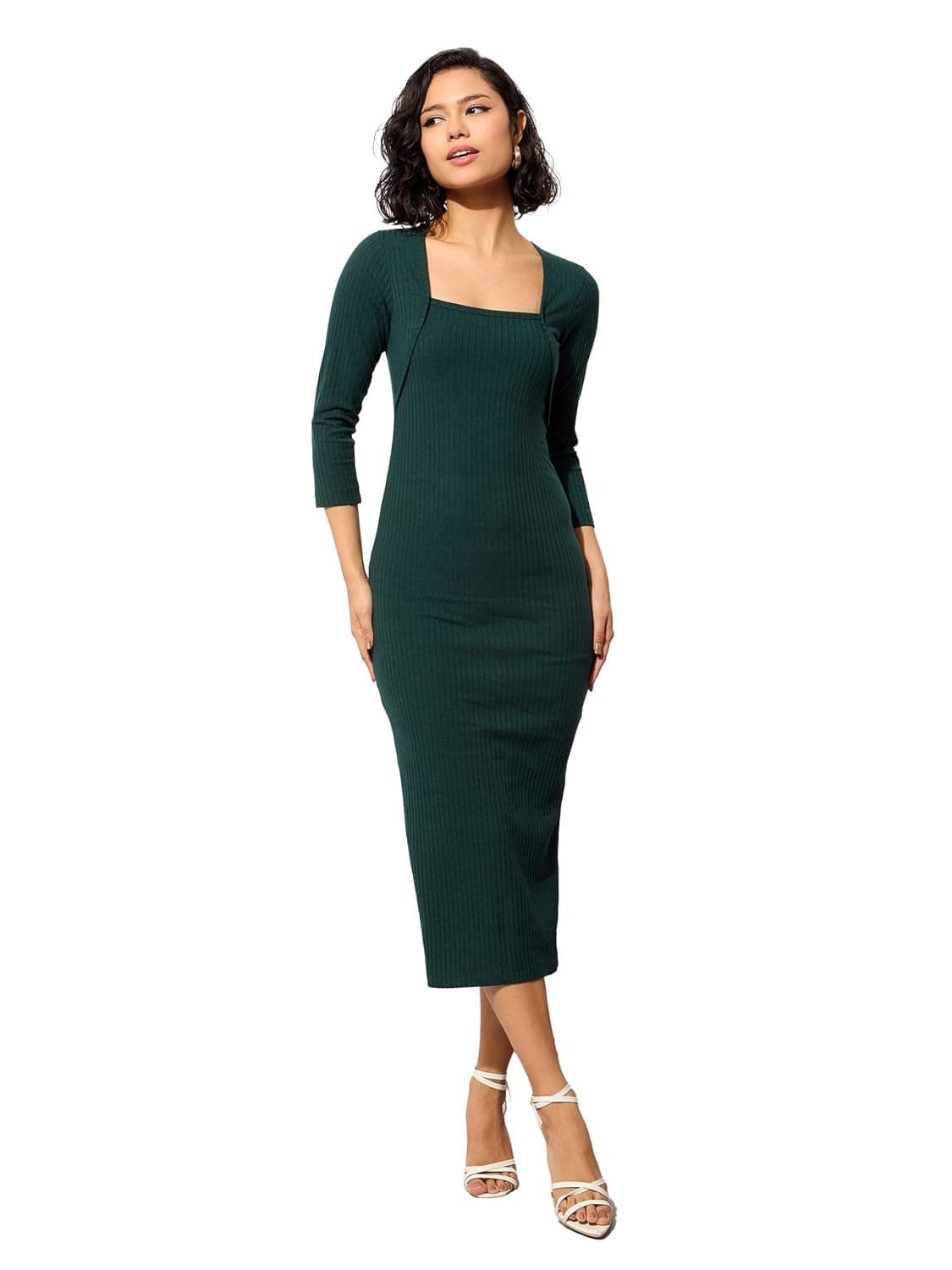 barcino Black Rib Square Neck Sticth Detail Midi Dress at ₹185 – Amazon