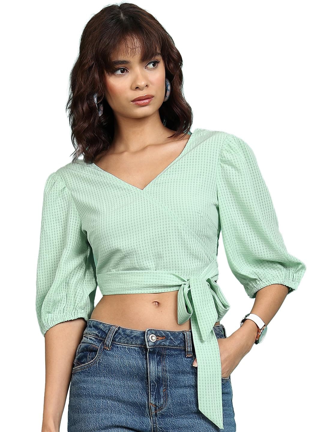 Tokyo Talkies Women's Short Sleeves V-Neck Self Design Tops| Stylish Casual wear at ₹188 – Amazon