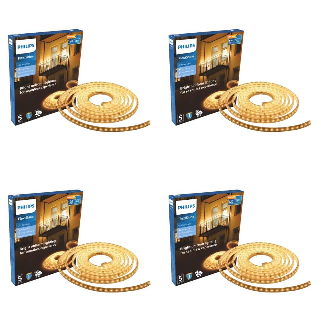 PHILIPS FlexiShine LED Strip Light 5M | 8 Watt per Meter | 120 LEDs/m | IP65 Waterproof LED Rope Light for Outdoor Balcony Garden Pathway Lighting | Flexible Decorative Lighting | Warm White Pack of 4 Rs.2160 @ Amazon at ₹2160 (66% Off) – Amazon